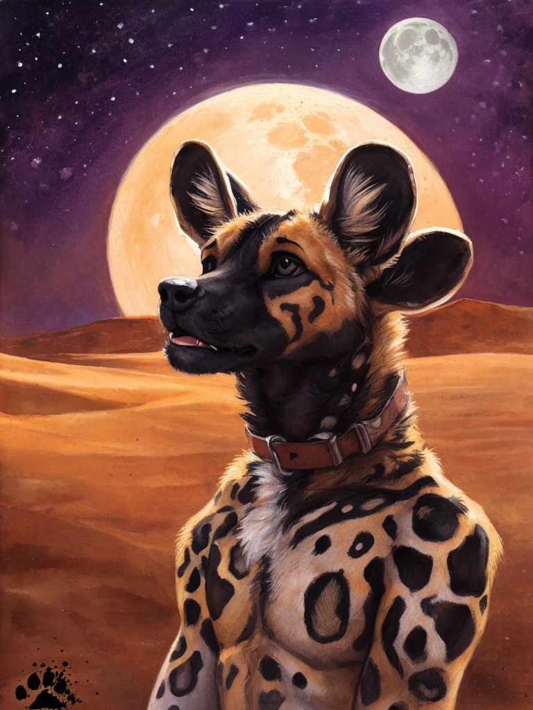 solo, (anthro:1.2), African Wild Dog, feminine body, submissive, panting, shy, male, shaggy fur, thick fur, tail, beautiful eyes, perfect eyes, symmetrical eyes, (black retinas:1.2), detailed background, sahara desert background, realistic, photorealistic, ultra realistic, 8k, (by blotch), nighttime, moon, stars, brown collar,