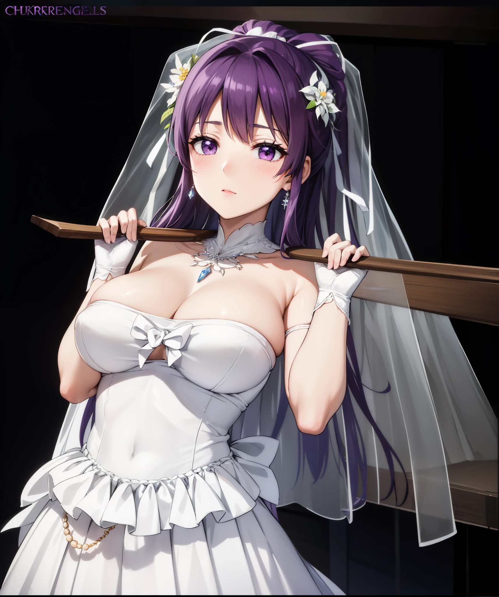 Kaori Kanzaki, Kaori Kanzaki, long hair, ponytail, (purple eyes:1.1), purple hair, ribbon, hair ribbon, Close-up of beautiful bride in bridal dress,Gurwitz,Blushing face,Head flower,headgear,(tube top wedding dress:1.5),(silk dress:1.2),(strapless wedding dress:1.5),pure white dress,necklace,earrings,(large breasts:1.3),Neck ornaments,Deep V peach heart collar wedding dress,Bangs,Bouquet,lipstick,(White long elbow gloves:1.3),(Bridal veil:1.2),(Transparent short veil:1.2),Bust photo,High detail RAW color art,Tyndall phenomenon,front,Half body