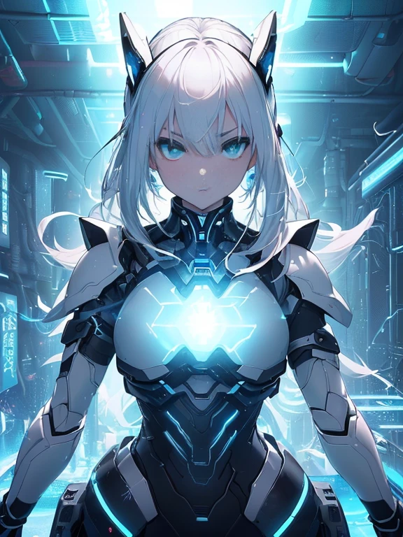 最high quality、best image quality、masterpiece、Android Girl((18-year-old、white, Black and blue glowing cybersuit、Blue energy source for the chest,vest bust、bust 90、Blonde Away Tail、bluish green eyes、open your chest wide、valley、happiness、Slender、Warlike face、Stand at the front、体全体にCountless cables接続、particles of light、Sharp claw arm))high quality、beautiful art、With background((research facility、Cooling system、Frozen capsules、Neon color、Cyberworld、cold、Countless cables、Enemy Android))、table top、elaborate design、visual art、