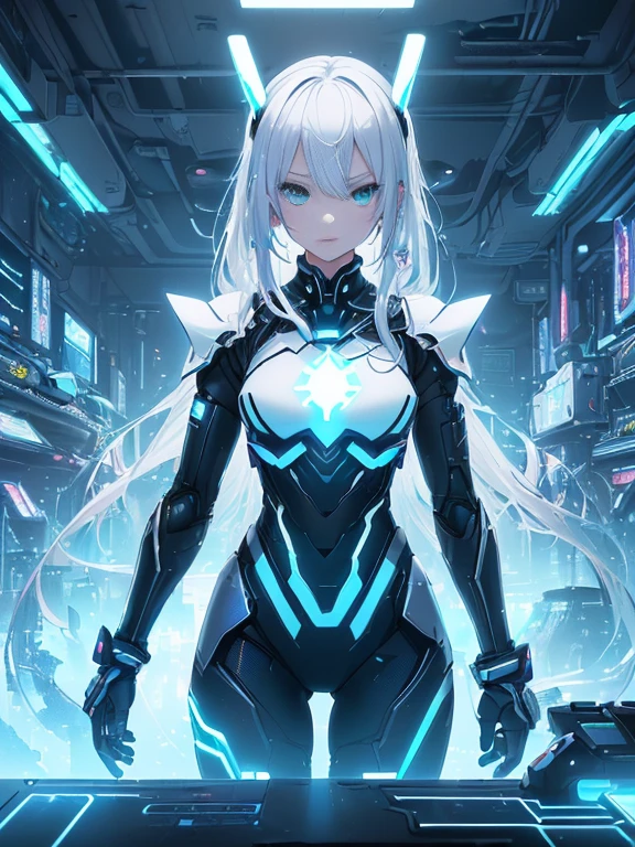 最high quality、best image quality、masterpiece、Android Girl((18-year-old、white, Black and blue glowing cybersuit、Blue energy source for the chest,vest bust、bust 90、Blonde Away Tail、bluish green eyes、open your chest wide、valley、happiness、Slender、Warlike face、Stand at the front、体全体にCountless cables接続、particles of light、Sharp claw arm)）high quality、beautiful art、With background((research facility、Cooling system、Frozen capsules、Neon color、Cyberworld、cold、Countless cables、Enemy Android))、table top、elaborate design、visual art、