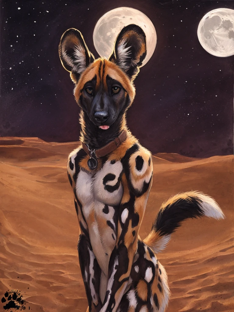 solo, (anthro:1.2), African Wild Dog, feminine body, submissive, panting, shy, male, shaggy fur, thick fur, tail, beautiful eyes, perfect eyes, symmetrical eyes, (black retinas:1.2), detailed background, sahara desert background, realistic, photorealistic, ultra realistic, 8k, (by blotch), nighttime, moon, stars, brown collar,