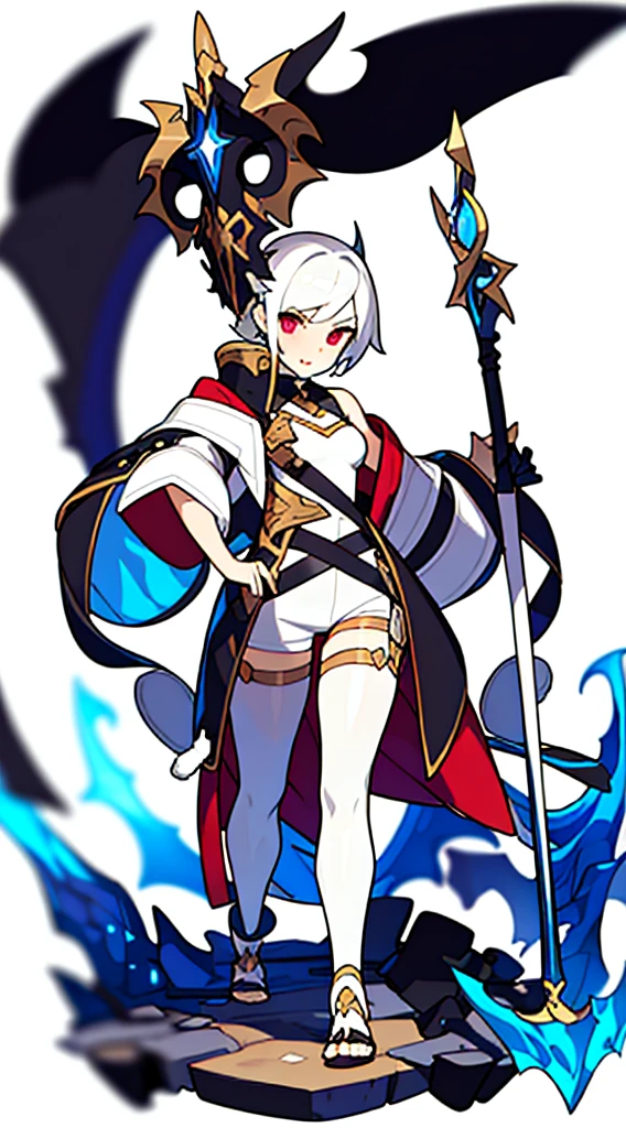 reference sheet, solo woman, exorcist, (((blurry background, white background))), character focus, fantasy clothes, standing, full body, shorts, holding weapon,