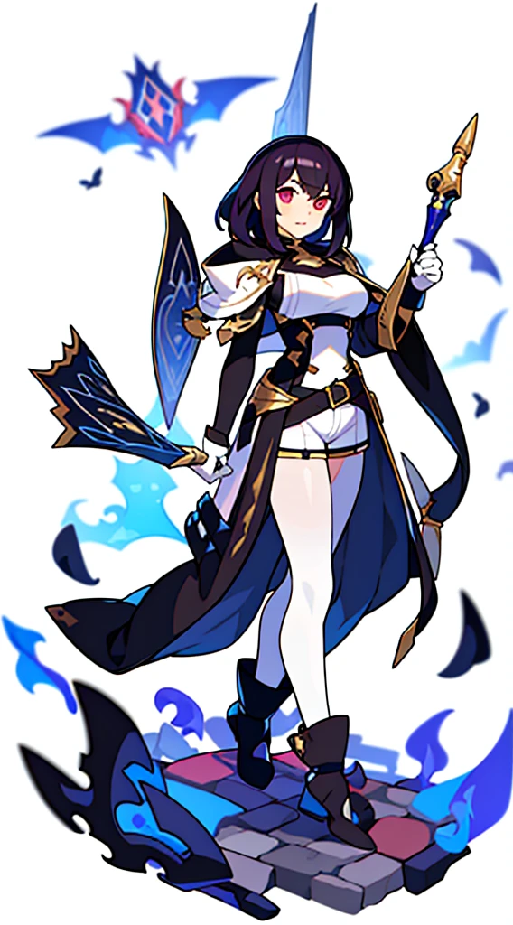 reference sheet, solo woman, exorcist, (((blurry background, white background))), character focus, fantasy clothes, standing, full body, shorts, holding weapon,