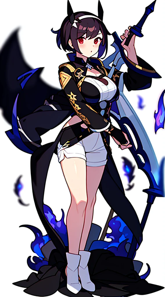 reference sheet, solo woman, exorcist, (((blurry background, white background))), character focus, fantasy clothes, standing, full body, shorts, holding weapon,