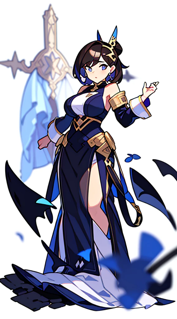reference sheet, solo woman, exorcist, (((blurry background, white background))), character focus, fantasy clothes, standing, full body,