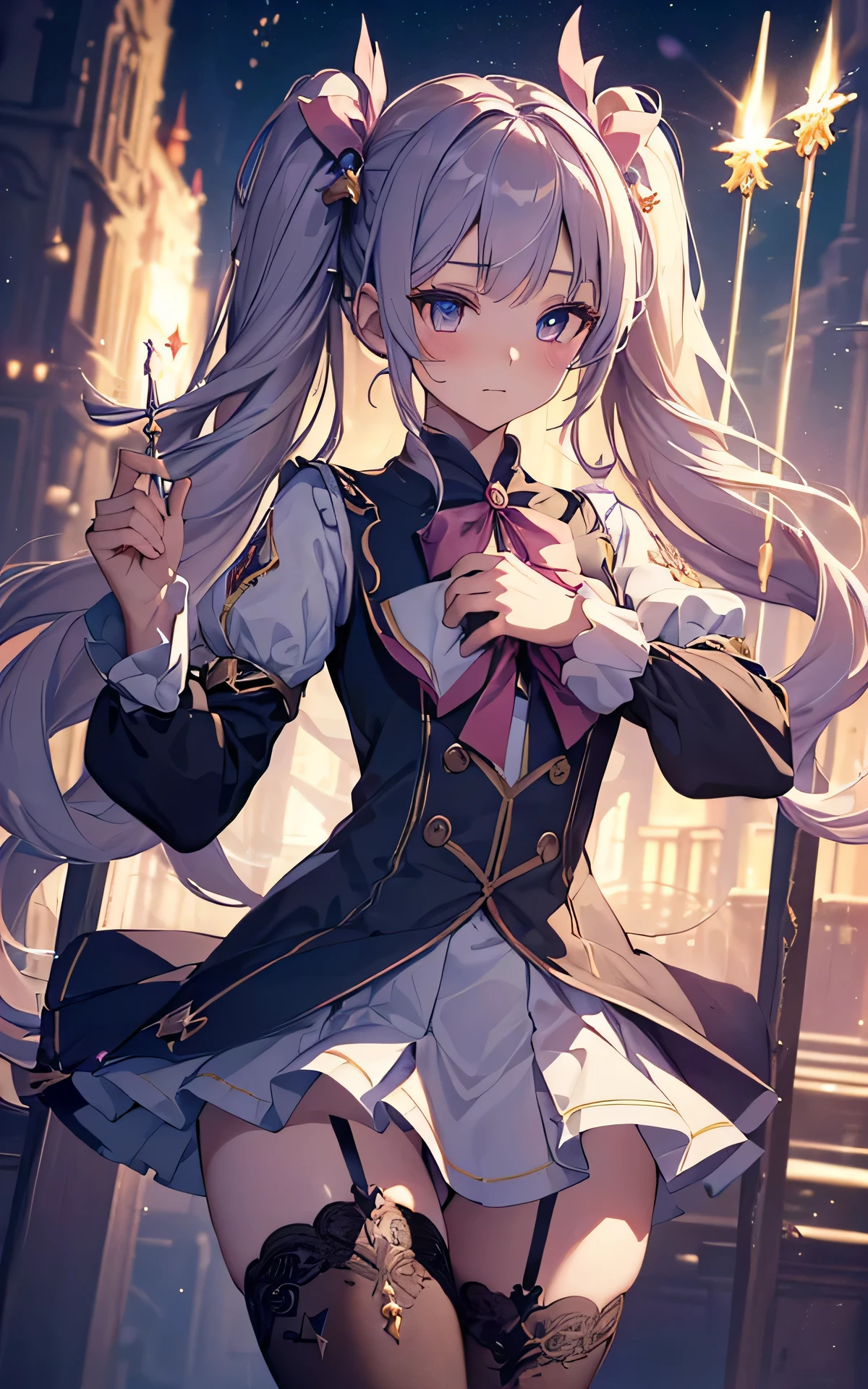 (Unity 16K Wallpaper, Masterpiece, Best Quality, Ultra-Detailed, Extremely Detailed CG, Caustics, Cinematic Lighting, Detailed, Beautiful Detailed Eyes, 1 girl), soro, twintails, long wavy hair twintails, (magical girl:1.2, magic stick in one hand:1.3), princess dress, over legwear, fantastic city

