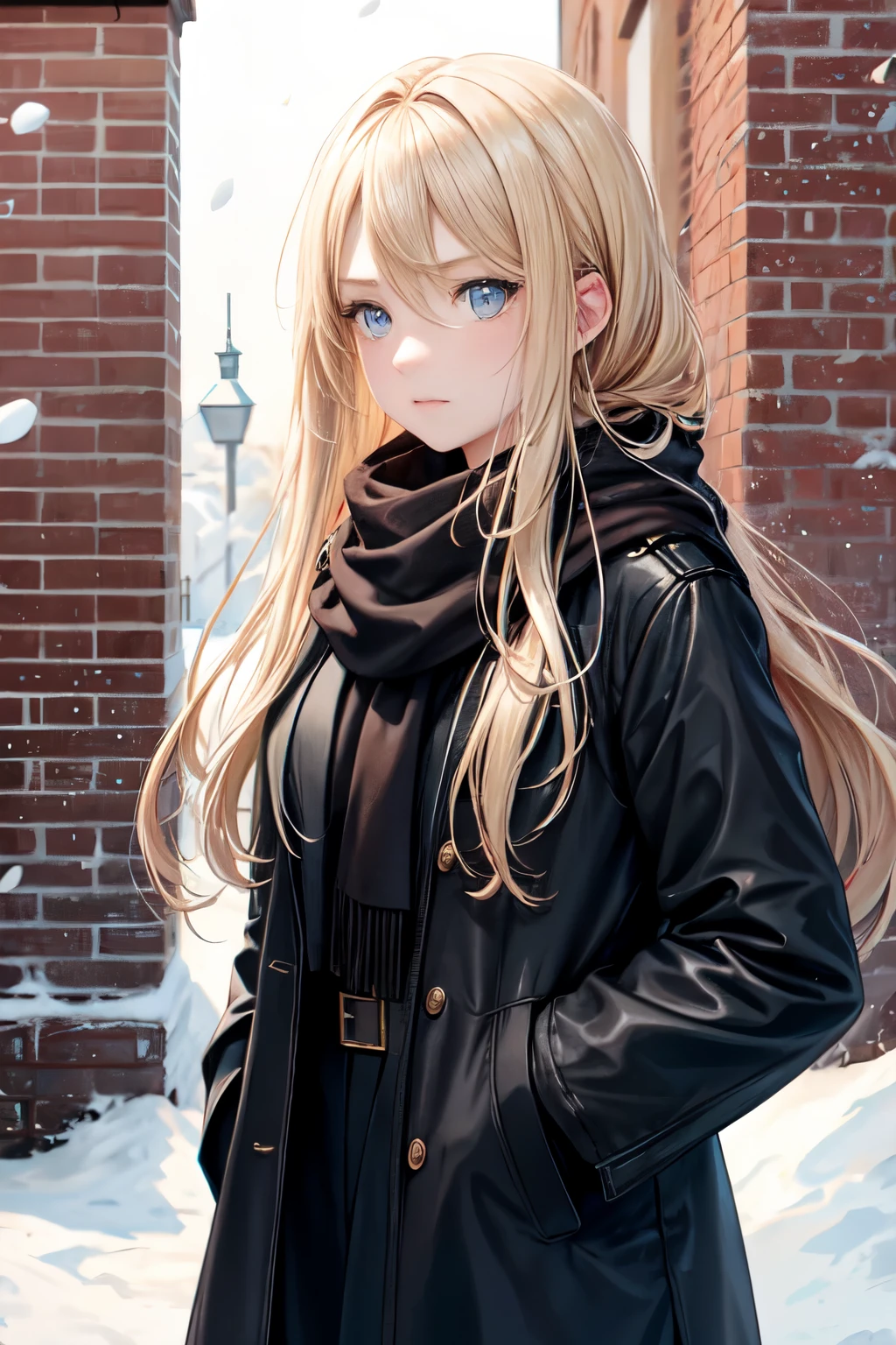 A young woman with long blonde hair and hazel eyes is standing in front of a brick wall. She is wearing a black scarf, black gloves, and a winter coat. She is looking away from the viewer with a pensive expression. The image has a cool, introspective feel to it. The edges are slightly blurred and there is a lens flare in the top left corner.