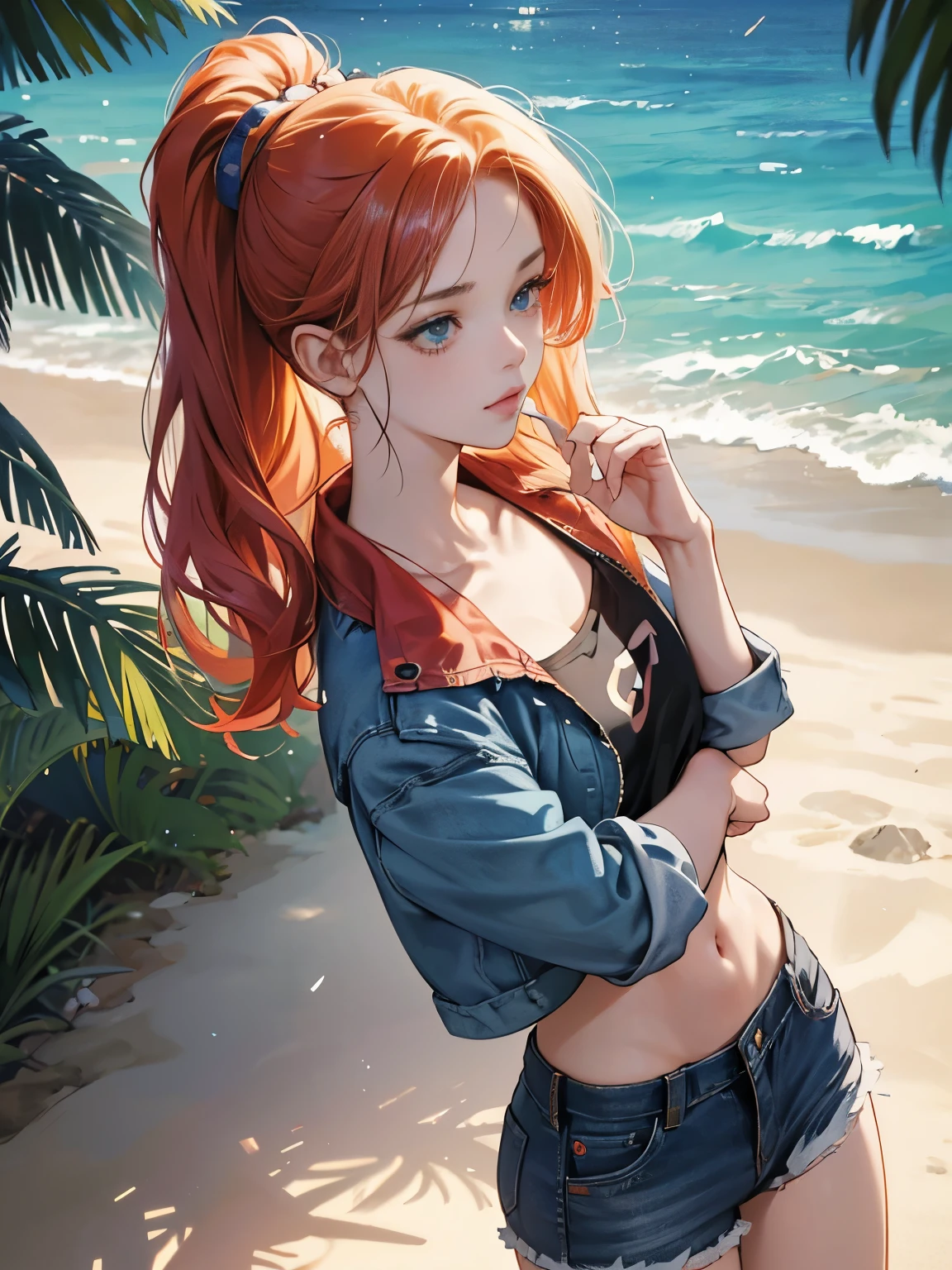 very colorful, pop feel, in.s. west coast, summer image, Palm tree, seaside, anime woman with orange ponytail, Around 25 years old, wearing a jacket, blue jeans, perfect tall model body, cool beauty, it will happen, Anime drawing by Yang J, Trending at Art station, realism, extremely detailed germ of art, Realistic anime 3D style, anime style 4 k, モデルまin | germ of art, anime style. 8K, casual clothes, realistic anime art style, style germ of art, Tsundere Girls, sunset beach, sad expression, The end of a summer love, An eternal summer that never fades, The sparkling 80's, sharp outline, highest quality, perfect angle, perfect composition, best shot, official art,CD jacket, 80s city pop, very stylish, Anime girl with red hair and blue jeans standing on the beach, an anime drawing inspired by Ross Tran, pixiv, fantasy art, anime style 4k, realistic anime art style, 非常に詳細なgerm of art, attractive anime girl, beautiful anime girl, 4k anime wallpaper, anime art wallpaper 4k, anime art wallpaper 4k, anime wallpaper 4k