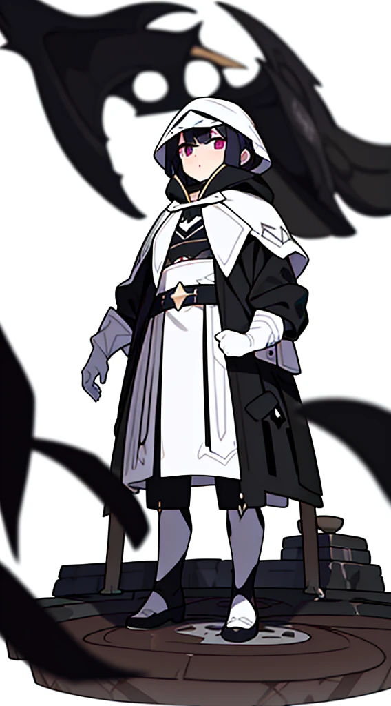 exorcist, (((blurry background, white background))), character focus, standing, full body, 