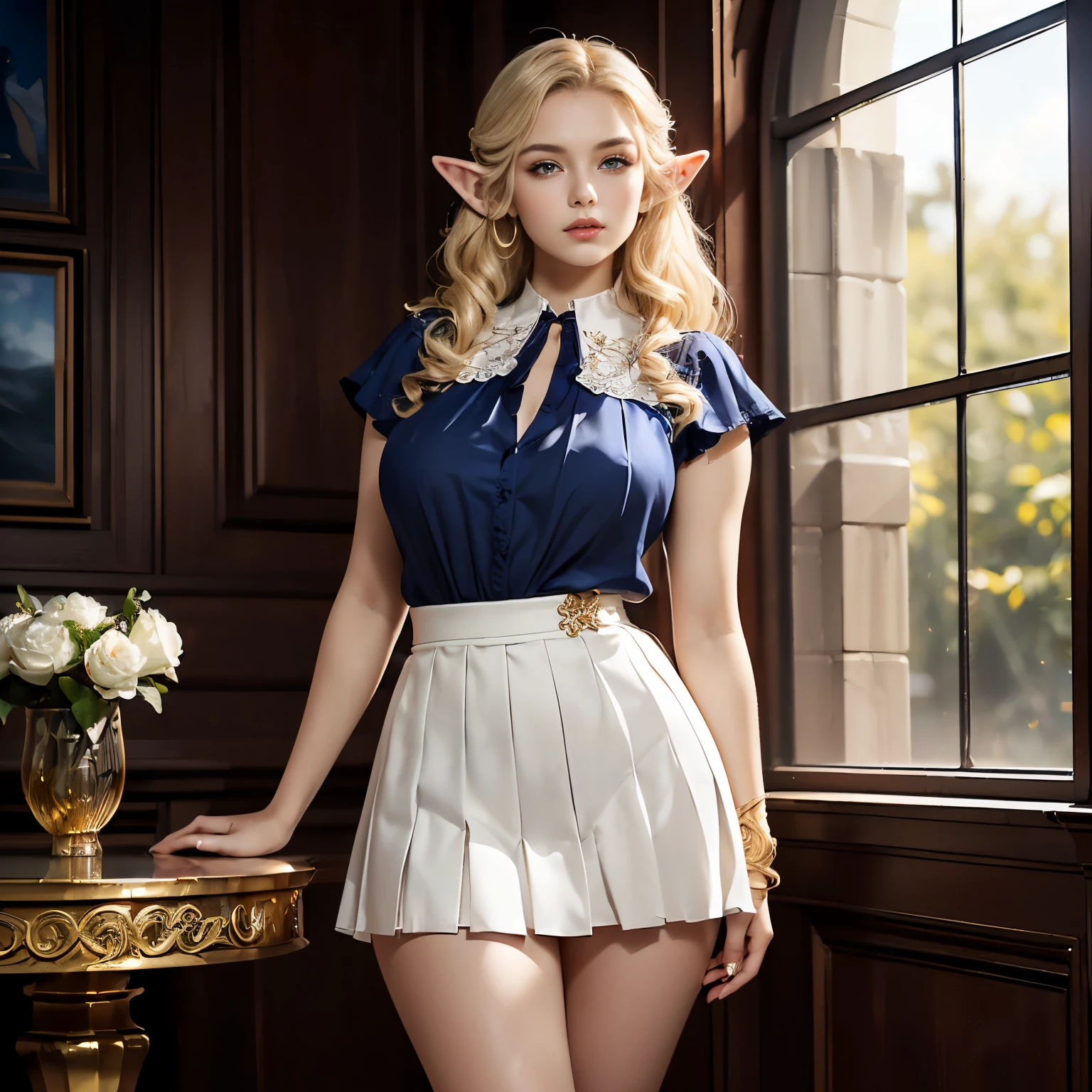 Masterpiece, ultra detailed, best quality, intrincated textures, 8k, realistic, !(Beautiful elf girl with exquisite grace and elegance, 18 years old, young, , stature is slender but curvy, long and slender legs, delicate but curvy shape, flawless skin free of imperfections, long and wavy blonde hair cascades eyes of a dazzling sapphire blue tone, ears , long and pointed, are the most distinctive and defining features of my elven appearance. They are adorned with delicate golden rings, symbols of status and elven pride, lips painted a vibrant shade of crimson red, they are fleshy and luxurious, She wears a , ((white pleated miniskirt)) and a fine white blouse adorned with intricate golden embroidery and a delicate lace collar)