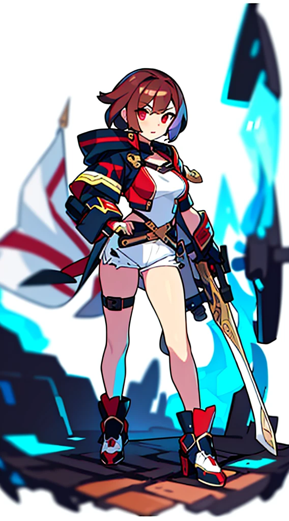 reference sheet, solo woman, (((blurry background, white background))), character focus, fantasy clothes, standing, full body, shorts, holding weapon, 