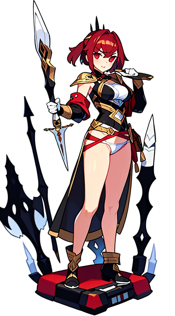 reference sheet, solo woman, (((blurry background, white background))), character focus, fantasy clothes, standing, full body, shorts, holding weapon, thong,