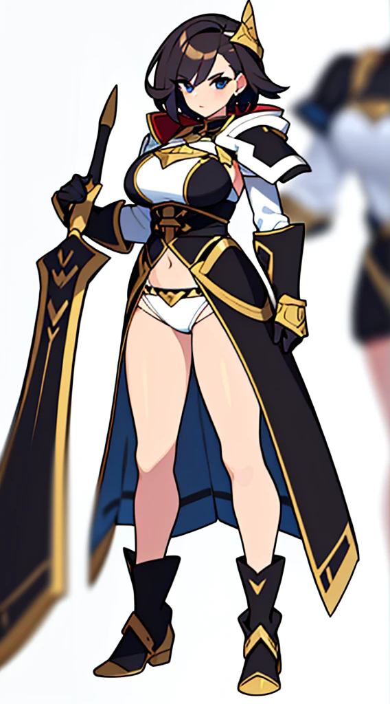 reference sheet, solo woman, (((blurry background, white background))), character focus, fantasy clothes, standing, full body, shorts, holding weapon, thong,