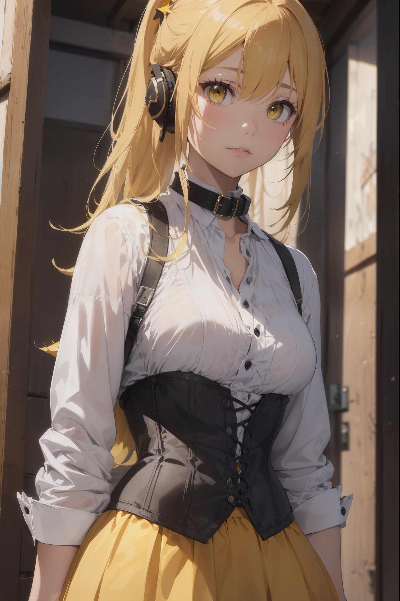 (Superlative work of the creator god: 1.4), (Absolute resolution: 1.4), (God of art's masterpiece: 1.4), Surrealist work, (Complex, detailed and realistic materials, textures, light sources: 1.3), (Perfect Anatomy: 1.2),vibrant colors, female, masterpiece, sharp focus, best quality, depth of field, cinematic lighting, yellow eyes, yellow hair, blunt bangs, ponytail, black and yellow headphones, white shirt with yellow collar, open shirt, black corset, black belt with yellow star, white skirt, enako,