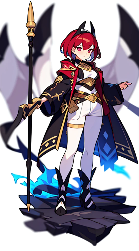 reference sheet, solo woman, (((blurry background, white background))), character focus, fantasy clothes, standing, full body, shorts, holding weapon, 