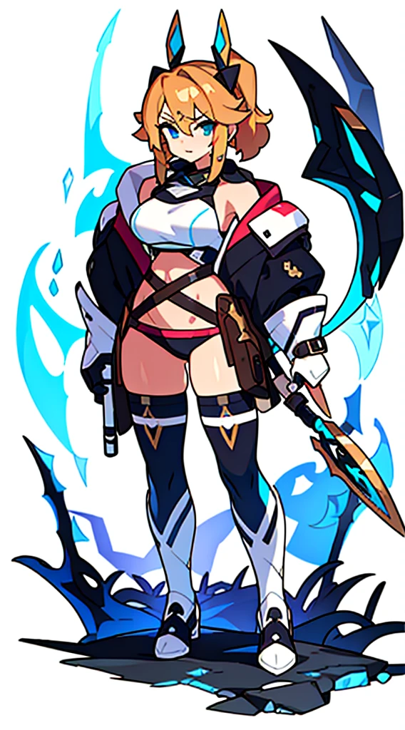 reference sheet, solo woman, (((white background))), character focus, fantasy clothes, standing, full body, shorts, holding weapon, thong,

