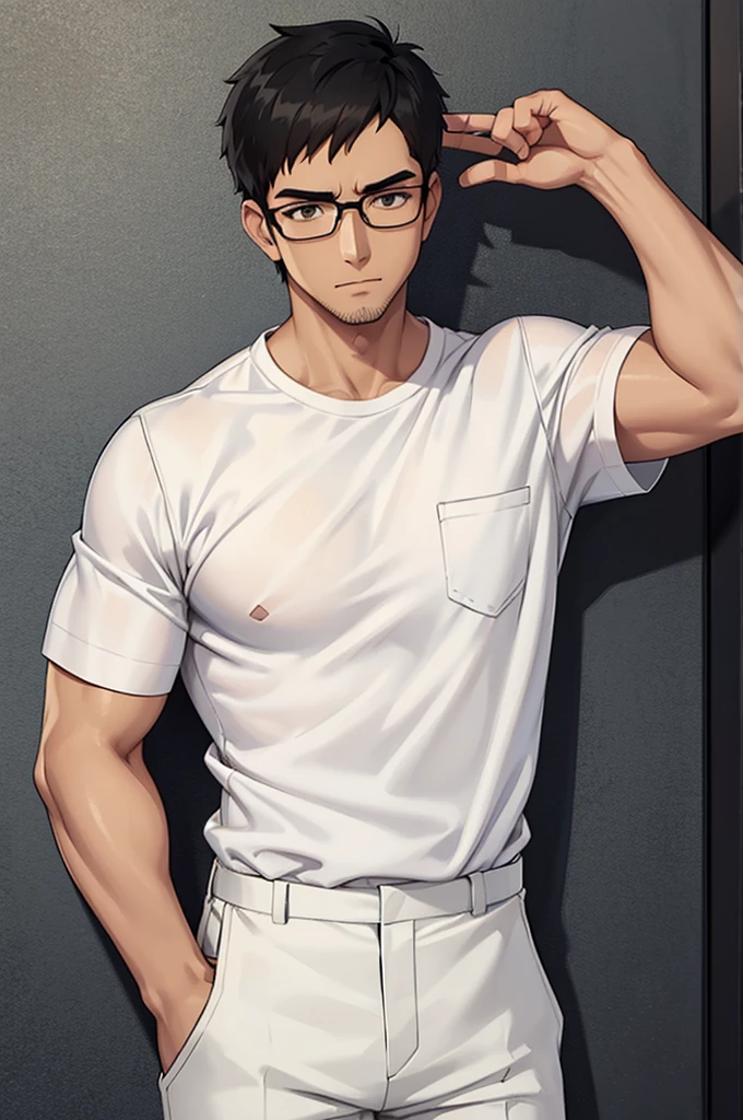 man, shaved beard, basic body, white shirt, black pants, rolled up sleeves, glasses, tanned skin, short black hair