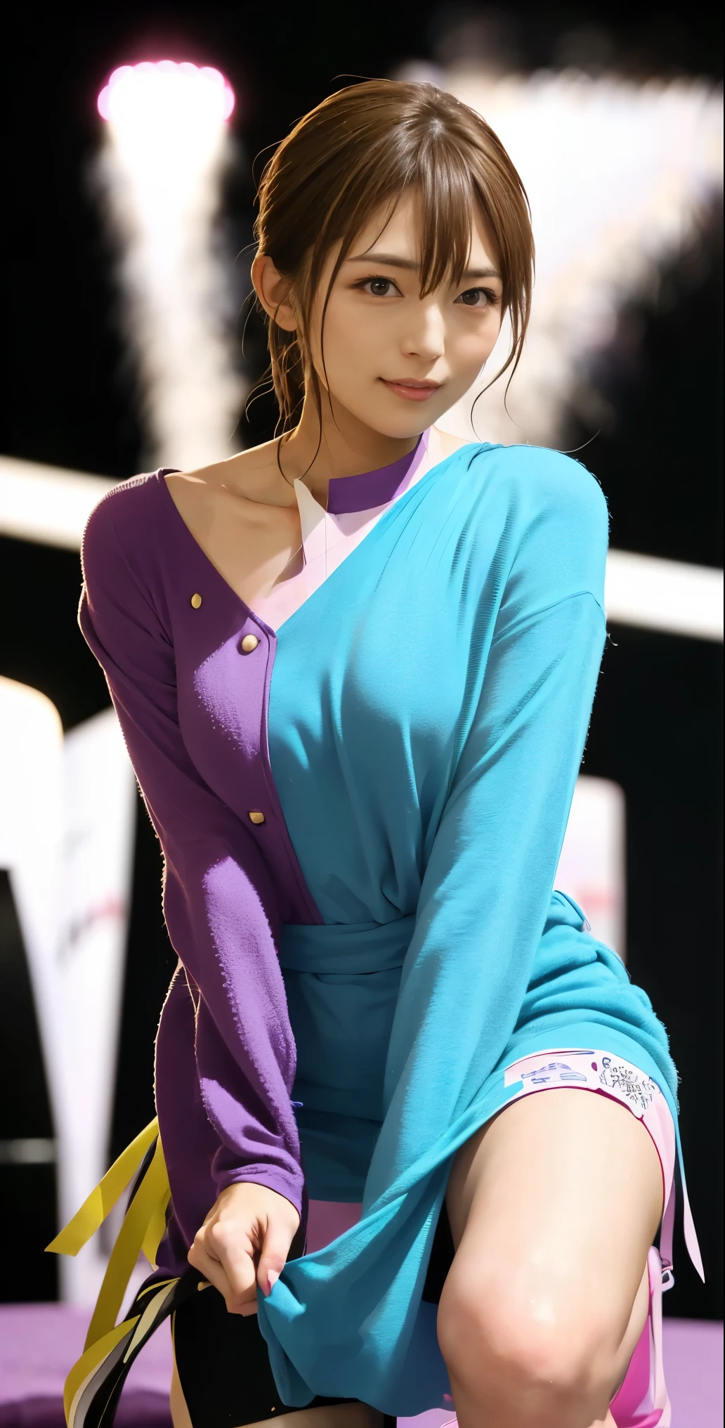 (((High resolution:1.4))),(beautiful girl),(((shirtless))) ,photo realistic, Real, photoreal, ((photo of a Japanese idol singer wearing a colorful erotic costume:1.2)),a cute woman singing in a erotic costume on stage under the spotlight, (((audience enthusiastic about idol))), long brown hair and beautiful eyes , Smiling and looking straight at the audience,   (((high resolution eyes))),(((Thighs, knees))),(( nsfw)),Nice body ,((eyes focus1.2)), anatomically correct body,(((erotic costume))),small areola,sweaty body,(cute high heels),zettairyouiki