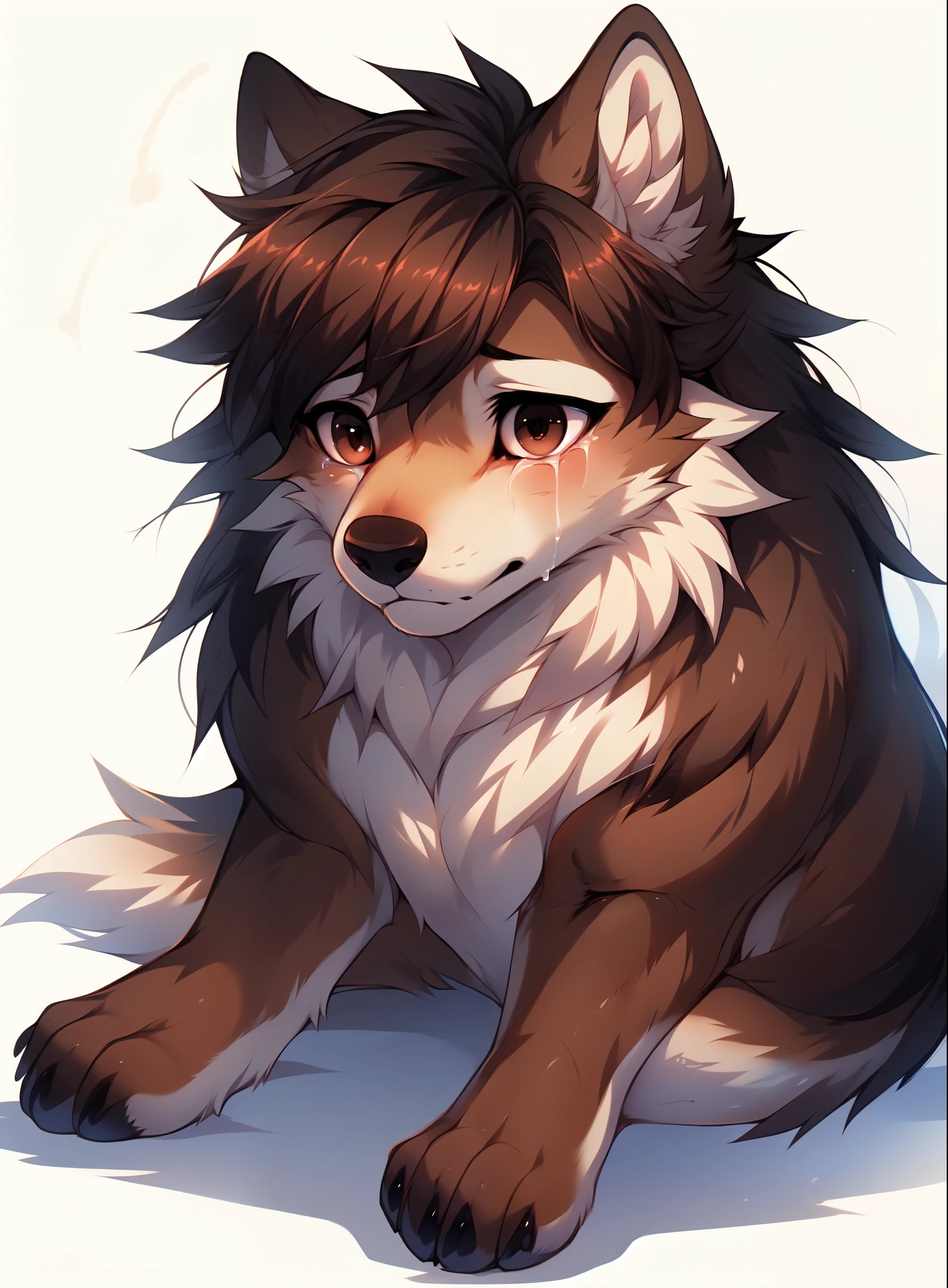  by fumiko, by hyattlen, by hioshiru, jaiden, brown wolf, feral:1.3, wolf ears, brown eyes, short brown hair, cute snout, black nose, pudgy, cute, sitting, no background, white background, crying profusely, sad expression