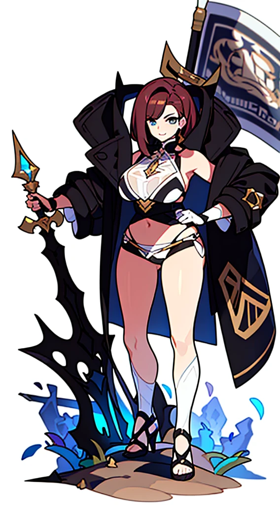 reference sheet, solo woman, (((white background))), character focus, fantasy clothes, standing, full body, shorts, holding weapon, thong,