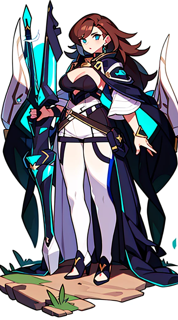 reference sheet, solo woman, (((white background))), character focus, fantasy clothes, standing, full body, shorts, holding weapon,