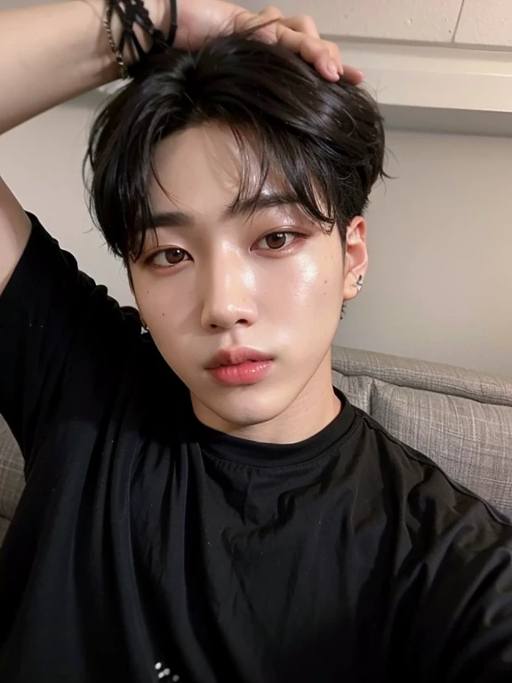 arafed asian man in a black shirt sitting on a sofa, Jungkook, cai xukun, hyung tae, adorable and pale korean face, taejune kim, Kim Doyoung, profile picture with headshot, 1 Menino de 7 anos, rosto magro, Shin Jeongho, taken at the beginning of 2020, Hong junho hyung, Yoongi de cabelo preto