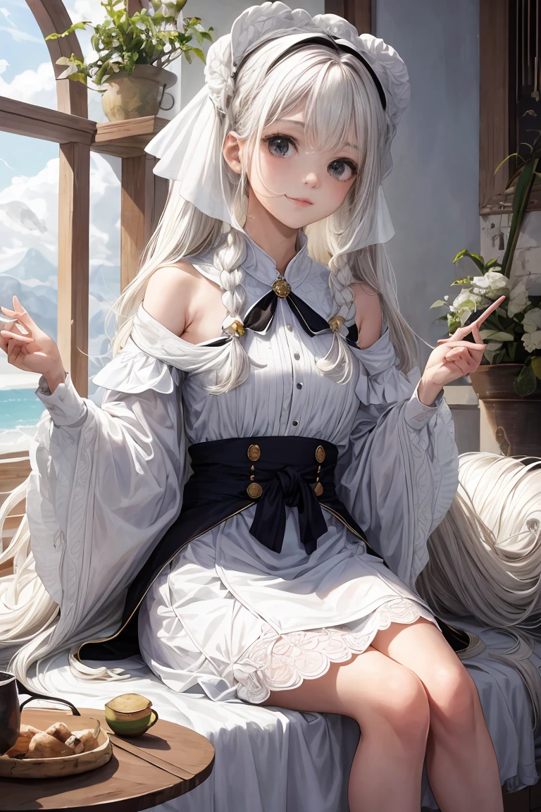 obra de arte, Excelente, 1 garota, cabelo branco, cabelo meio longo, orelhas de gato, looking at the audience, :3, Bonitinho, tissue, jaqueta, fundo branco, presa, alta qualidade, Ultra HD