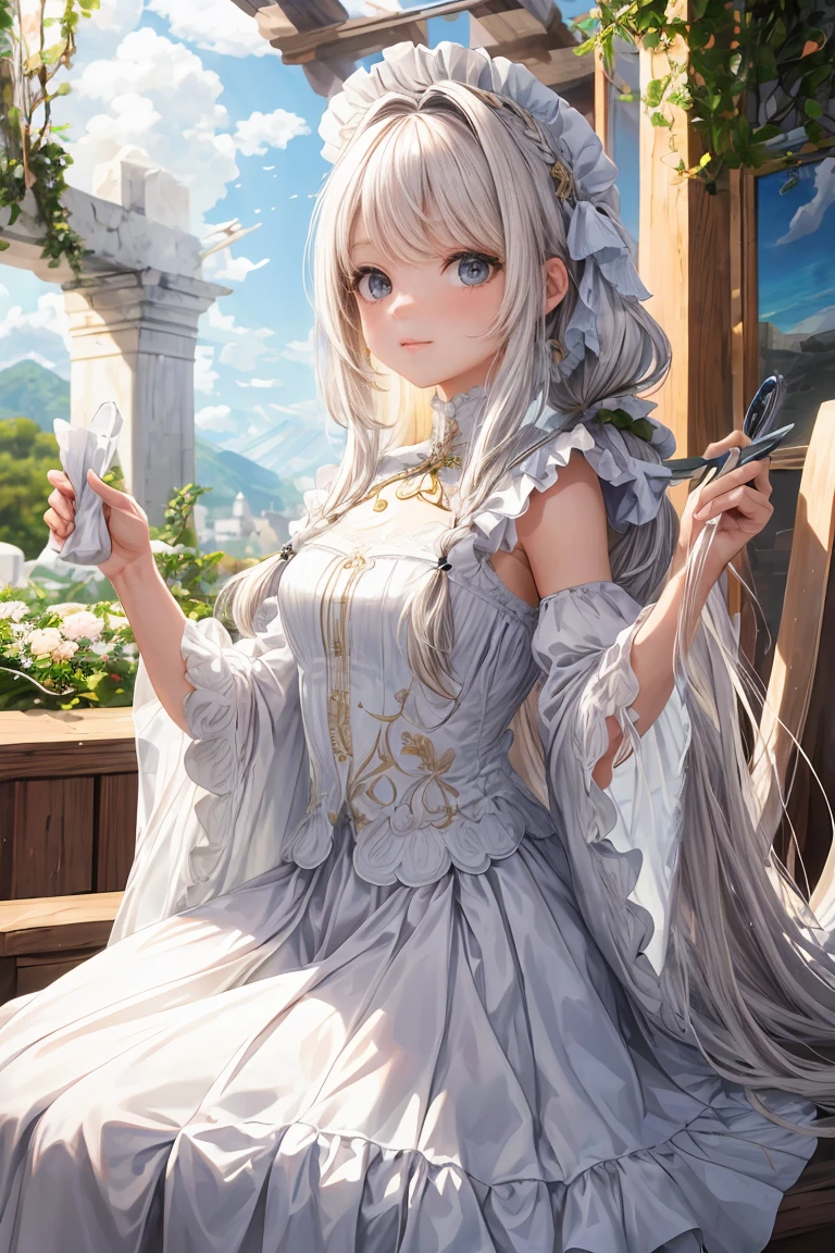 obra de arte, Excelente, 1 garota, cabelo branco, cabelo meio longo, orelhas de gato, looking at the audience, :3, Bonitinho, tissue, jaqueta, fundo branco, presa, alta qualidade, Ultra HD