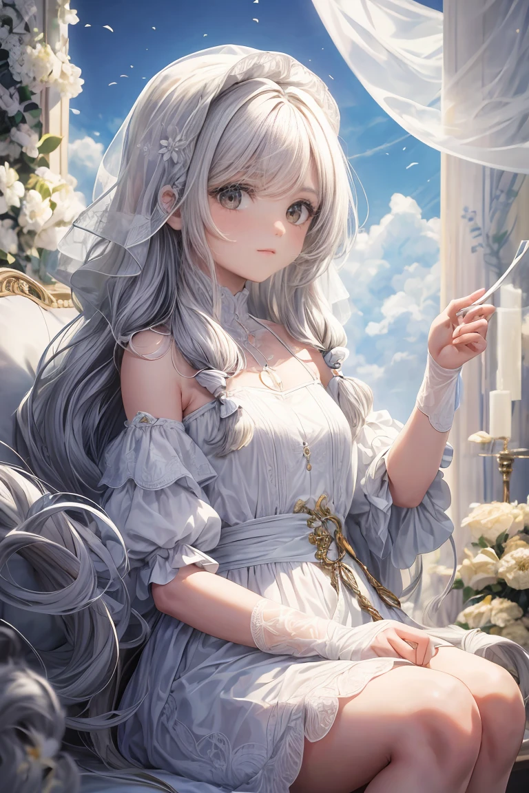 obra de arte, Excelente, 1 garota, cabelo branco, cabelo meio longo, orelhas de gato, looking at the audience, :3, Bonitinho, tissue, jaqueta, fundo branco, presa, alta qualidade, Ultra HD
