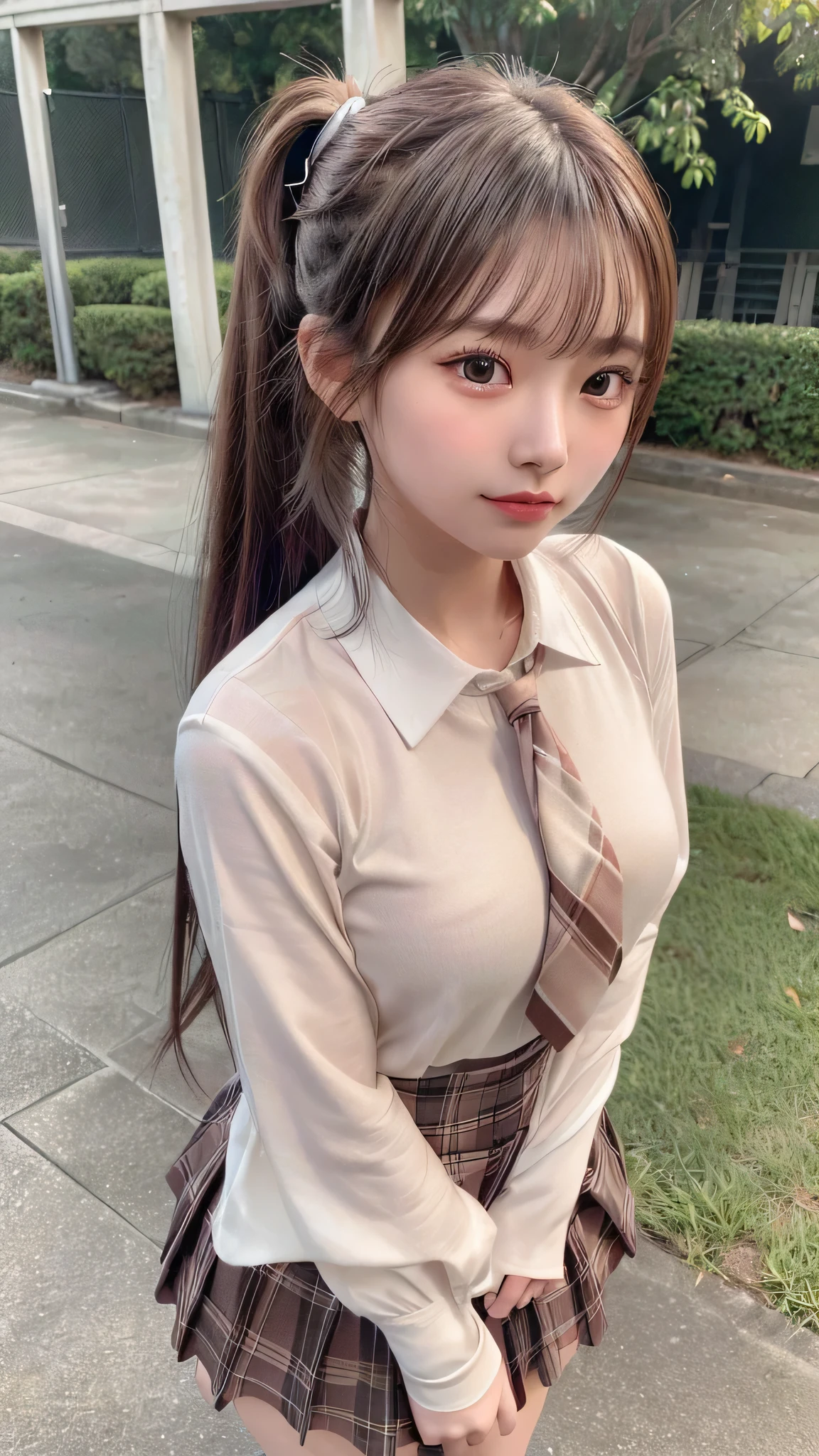 blush,16 years old,long hair ponytail,Hair is kept together,Japanese high school girls&#39; uniforms,Blouse with white collar,Brown plaid skirt,Wear a brown blazer,white knee socks,outdoor,In front of the school gate,chest is small,((8K, Raw photo, best quality, muste piece:1.2), (Reality, photorealistic:1.4), (Highly detailed 8K wallpaper), Depth of bounds written, cinematic lighting, soft light, detailed beauty eye,Shiny and smooth light brown ponytail, asymmetrical bangs, shiny skin, super detailed skin ,high resolution, high detail, detailed hairstyle, detailed beauty face, hyper real, perfect limbs, perfect anatomy ,1 Japanese girl,famous japanese idol, perfect female body,shy smile,short eyelashes,double-edged eyelids,look straight here,Hair style is ponytail,wear a ribbon tie, long ponytail hairstyle,Stand up straight,So that the whole body can be seen,look straight at me,chest is small,angle from below