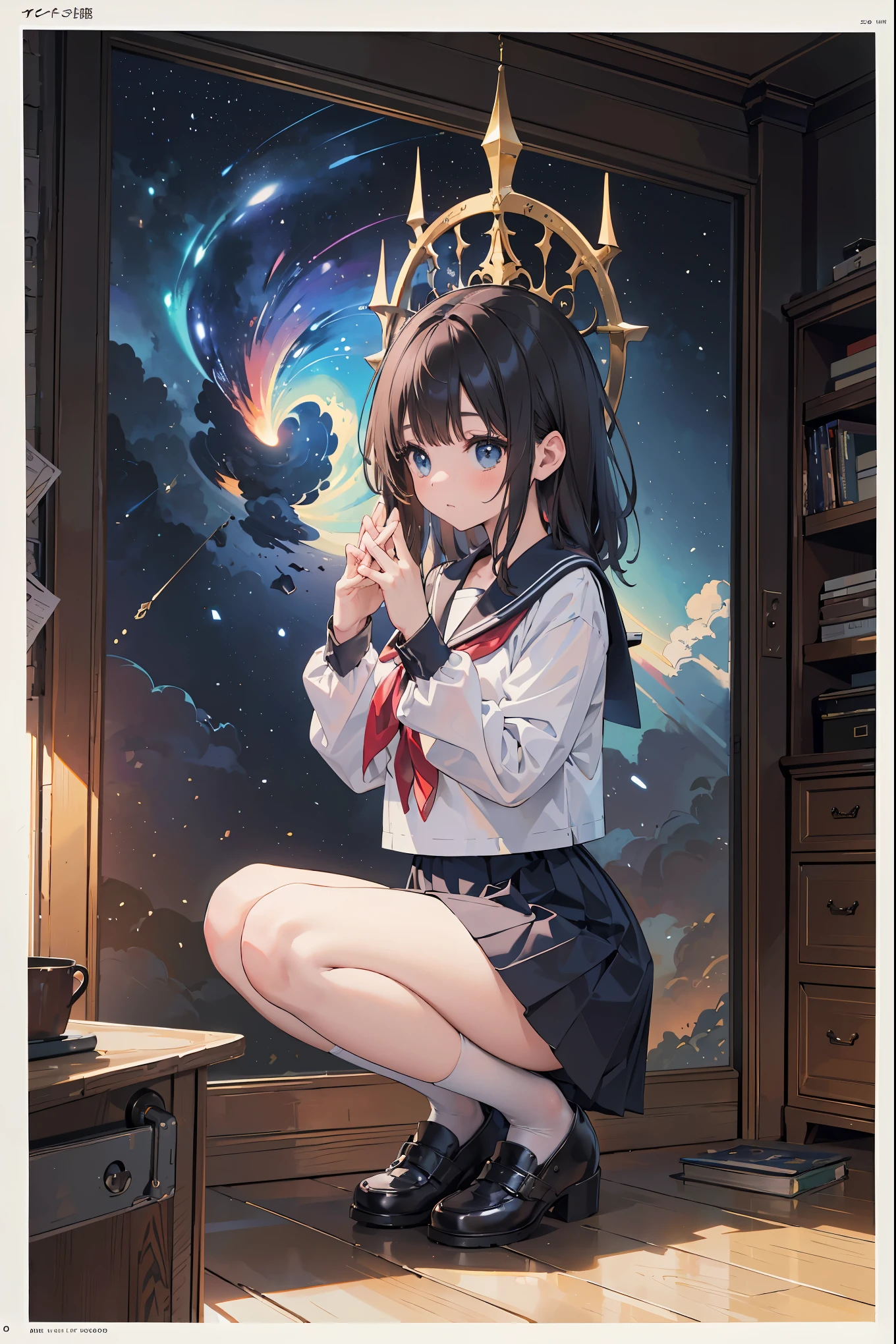 (Absurdity: 1.4), (Superb quality work by the Creator God: 1.4), (Absolute resolution: 1.4), (Highest masterpiece by the God of Arts and Sciences: 1.4), Surrealistic work, (Complex, meticulously detailed and realistic materials and textures and light sources: 1.3), (Perfect anatomy: 1.2), (Overwhelmingly ridiculous absurdity in the creation of the universe (1.3), BREAK. girl with、hi-school girl、school classrooms、lighting like a movie、embarrassed from、squatting and opening legs、perfect fingers、perfect leg