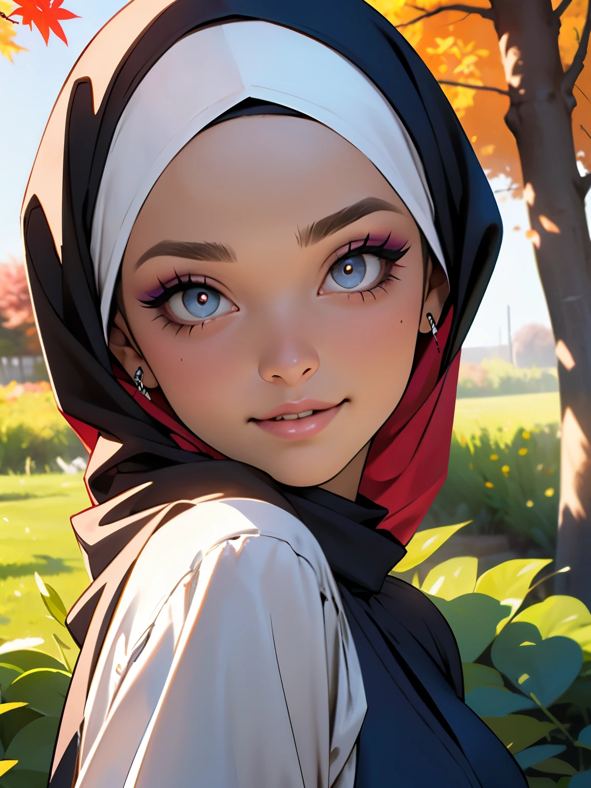 3dmm style, Masterpiece, realistic, best quality, best lighting, beautiful mature Czech woman, 1 girl photo solo, beautifully makeup, eyeshadow, Parted Lips, Detailed Eyes, beautiful big eyes, long eye lashes, dimples on the cheeks, smile, wearing ((Dark blue satin hijab)), loosely tide hijab style, ((gray satin shirt and satin long skirt)), (Half-body portrait), Front view, Symmetric Centre, facing the viewer, walking on trails autumn garden.