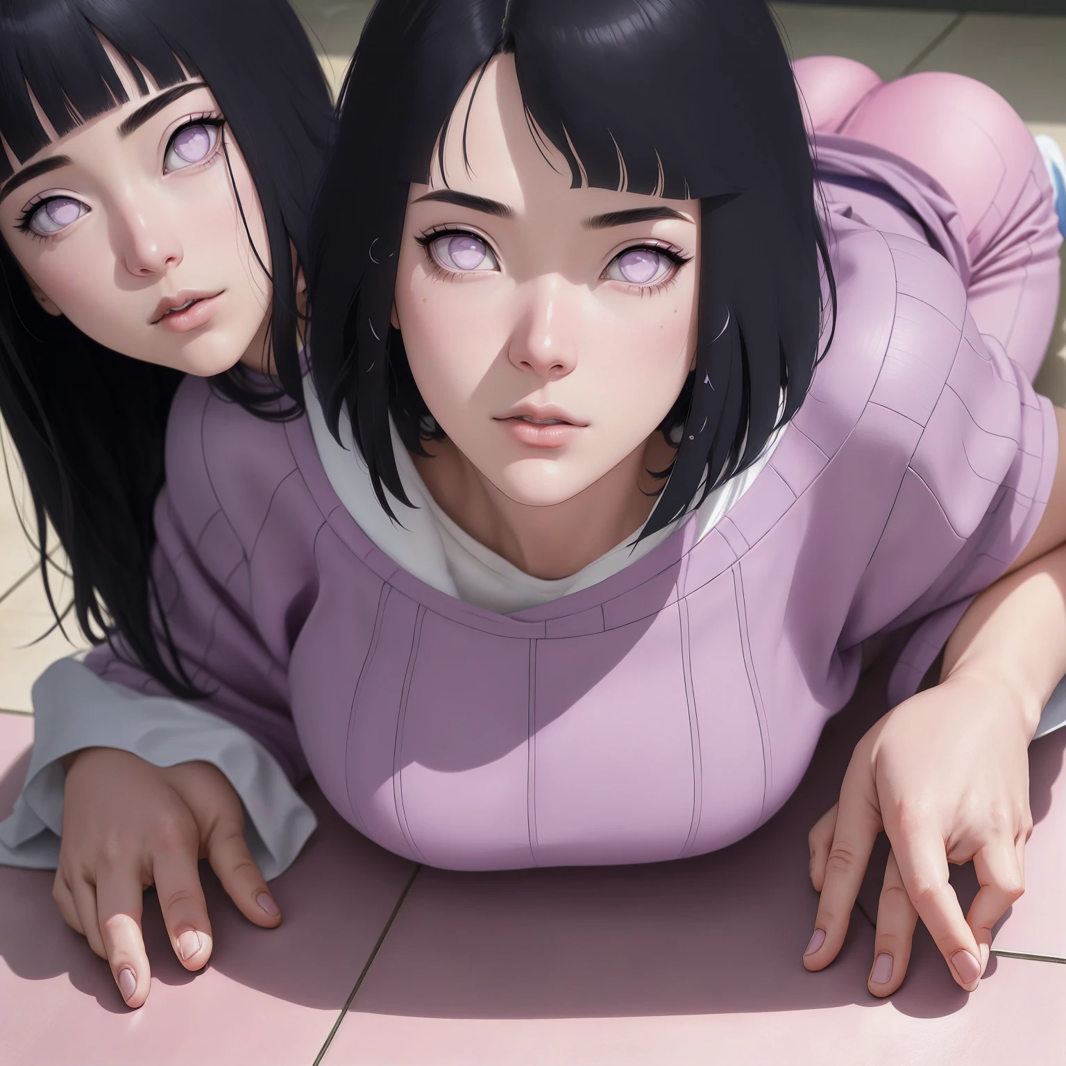 { - anatomy error} (Masterpiece - Ultra-detailed, very high resolution) , absurdos, Hinata\(Boruto\), 1girl, sozinho,Mature female, Capuz roxo,mangas em camadas, jeans, ao ar livre, Cloudy sky, perfect composition, circunstanciado lips, peito grande, beautiful face, body propotion, corar, (pink lips), cabelos pretos curto (black hair), lilac eyes, olhar suave, super realistic, circunstanciado, rosto e corpo realistas, Realistic hair, olhos realistas, nariz realista, realistic lips, anime. Walking on the floor with lilac shoes.