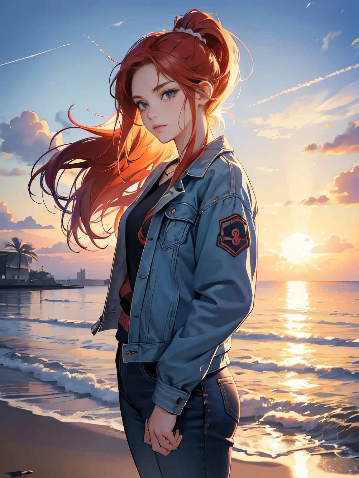 very colorful, pop feel, in.s. west coast, summer image, Palm tree, seaside, anime woman with orange ponytail, Around 25 years old, wearing a jacket, blue jeans, perfect tall model body, cool beauty, it will happen, Anime drawing by Yang J, Trending at Art station, realism, extremely detailed germ of art, Realistic anime 3D style, anime style 4 k, モデルまin | germ of art, anime style. 8K, casual clothes, realistic anime art style, style germ of art, Tsundere, sunset beach, nostalgia, The end of a summer love, An eternal summer that never fades, The sparkling 80's, sharp outline, highest quality, perfect angle, perfect composition, best shot, official art,CD jacket, 80s city pop, very stylish, Anime girl with red hair and blue jeans standing on the beach, an anime drawing inspired by Ross Tran, pixiv, fantasy art, anime style 4k, realistic anime art style, 非常に詳細なgerm of art, attractive anime girl, beautiful anime girl, 4k anime wallpaper, anime art wallpaper 4k, anime art wallpaper 4k, anime wallpaper 4k