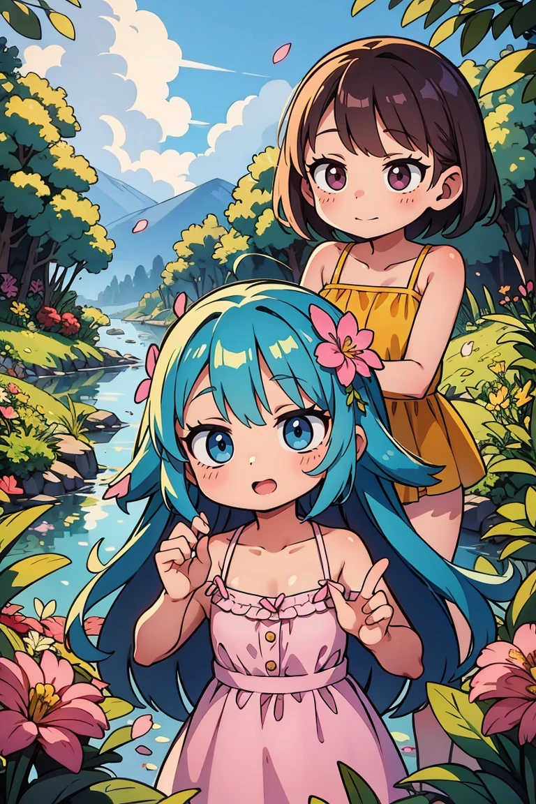 Stand in front of the photo、Boca aberta e sorriso largo、Water droplets on the cheeks、pose kawaii、Seda iridescente fluida、acima do rosto、Olho para cima、Colorcon with heart pattern、Vestido florido、There's flowers right in front of you、flower petals、temporada!!: summer☀ 🍂