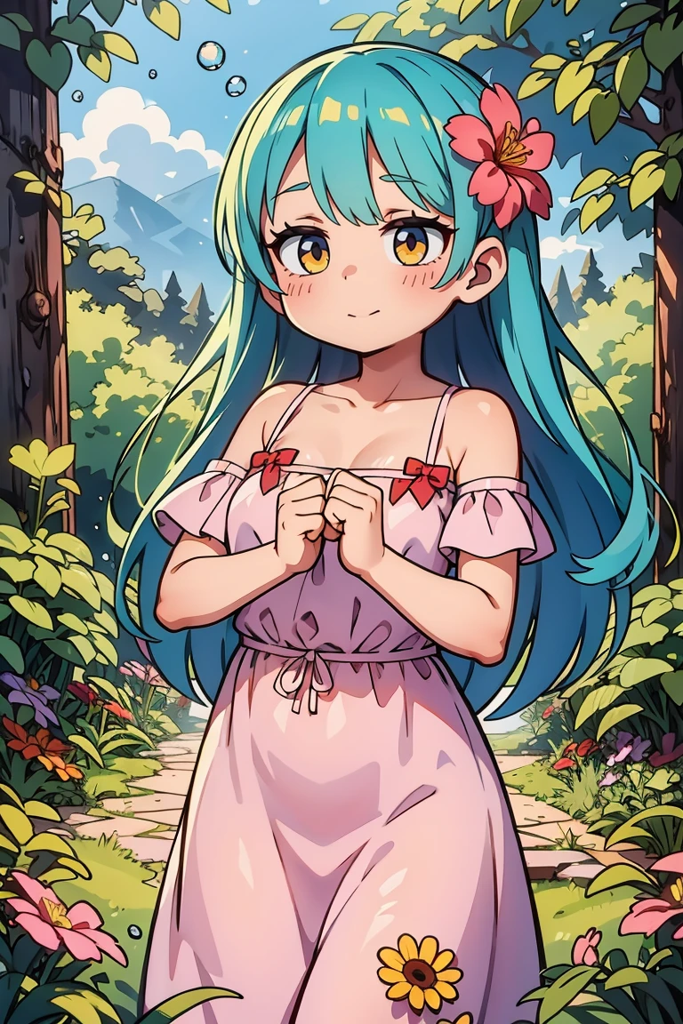 Stand in front of the photo、Boca aberta e sorriso largo、Water droplets on the cheeks、pose kawaii、Seda iridescente fluida、acima do rosto、Olho para cima、Colorcon with heart pattern、Vestido florido、There's flowers right in front of you、flower petals、temporada!!: summer☀ 🍂