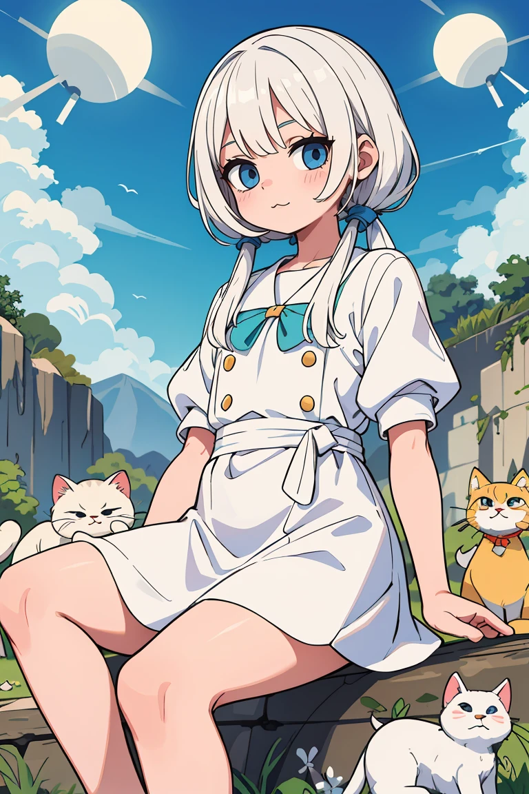 obra de arte, Excelente, 1 garota, cabelo branco, cabelo meio longo, orelhas de gato, looking at the audience, :3, Bonitinho, tissue, jaqueta, fundo branco, presa, alta qualidade, Ultra HD