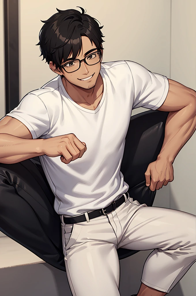 man, shaved beard, basic body, white shirt, black pants, rolled up sleeves, glasses, tanned skin, short black hair, smiling