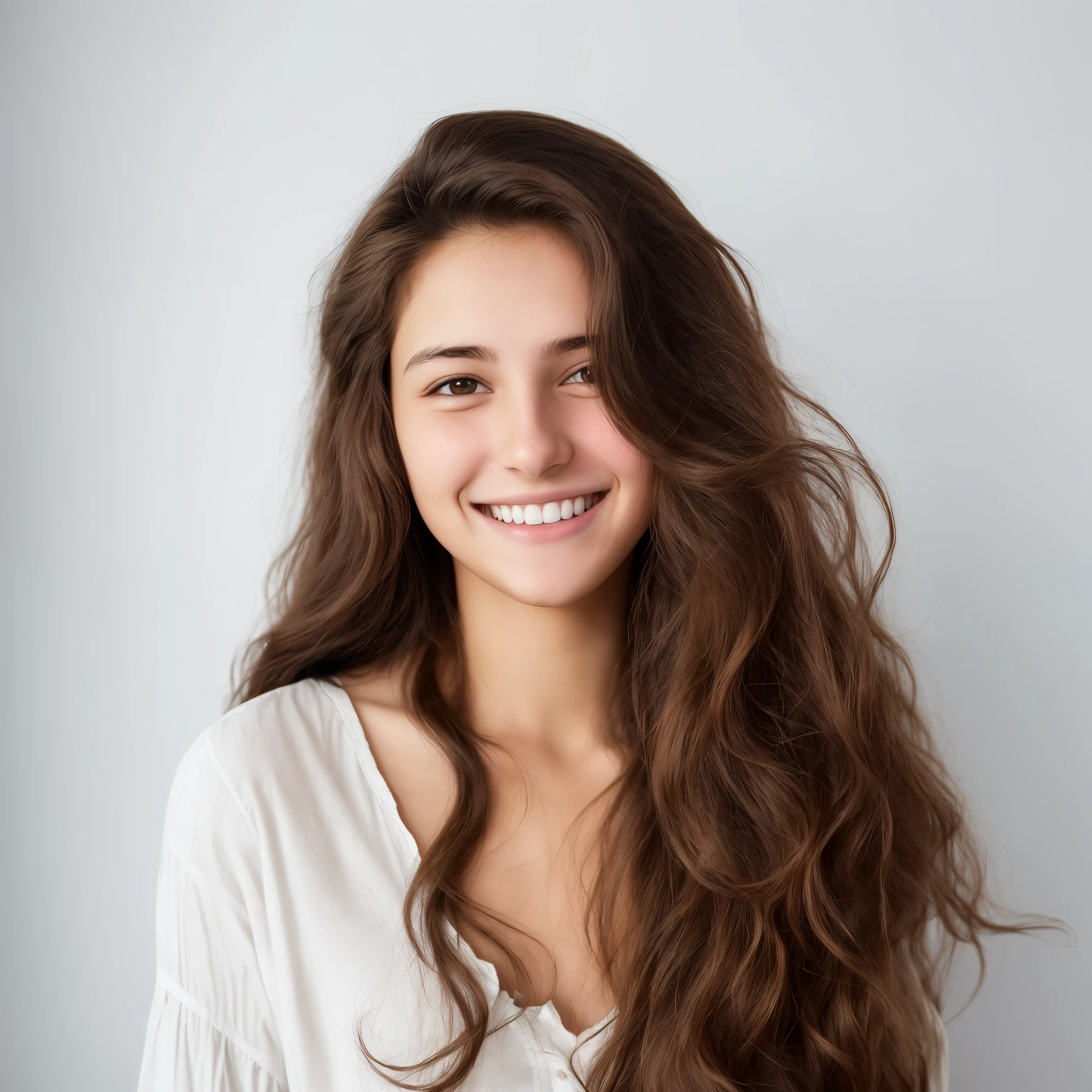 Arafad woman，long brown hair，smiling，wearing white shirt, smiling young woman, beautiful young woman, Attractive brown haired woman, smiling woman, beautiful and smiling, lovely young woman, beautiful young woman, Big wavy hair without makeup, Attractive young woman, a beautiful young woman, brown hair girl, attractive woman, a lovely young woman, she's smiling