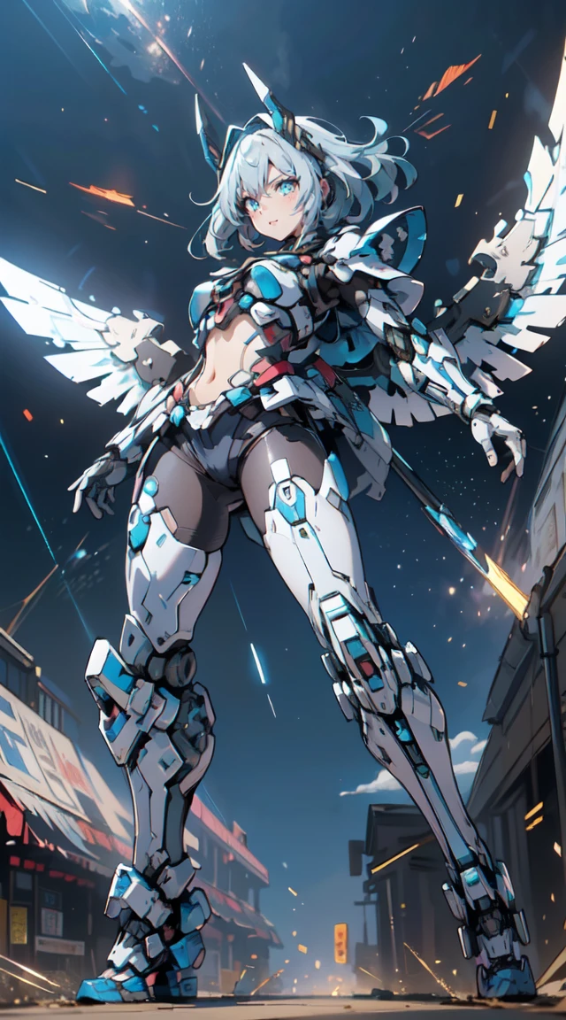 Sexy large breast and butt (obra de arte, melhor qualidade, excellent, Unidade ajetar altamente detalhada、Papel de parede 8k, Profundidade de campo, super fine illustration:1.5)、3D, extremamente detalhado, (it's the whole body、Uma mech:1.3), science fiction battlefield, Hawken, sorriso, boca aberta, Cabelo curto de rabo de cavalo, (cabelo loiro branco, Olhos azuis profundos:1.2), olhos brilhantes, rosto fofo, kawaii, seios grandes, Cabelo delicado, cabelo desgrenhado, (((flying high in the sky))、blue sky, nuvens brancas), cabelo brilhante, pele brilhante, (symmetrical mechanical wing、Metallic colored mechanical wings that are widely expanded to the left and right so that they protrude excellently from the screen, harness, ornamento do cabelo branco), (light particles, cinematic lighting: 1.3), (Thin pink lips: 0.8), Direction: Yusuke Murata.