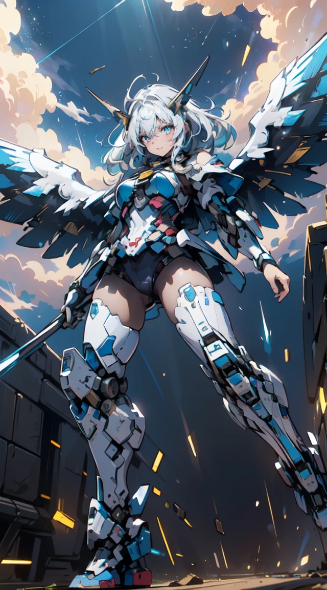 Sexy large breast and butt (obra de arte, melhor qualidade, excellent, Unidade ajetar altamente detalhada、Papel de parede 8k, Profundidade de campo, super fine illustration:1.5)、3D, extremamente detalhado, (it&#39;s the whole body、Uma  mech:1.3), science fiction battlefield, Hawken, sorriso, boca aberta, Cabelo curto de rabo de cavalo, (cabelo loiro branco, Olhos azuis profundos:1.2), olhos brilhantes, rosto fofo, kawaii, seios grandes, Cabelo delicado, cabelo desgrenhado, (((flying high in the sky))、blue sky, nuvens brancas), cabelo brilhante, pele brilhante, (symmetrical mechanical wing、Metallic colored mechanical wings that are widely expanded to the left and right so that they protrude excellently from the screen, harness, ornamento do cabelo branco), (light particles, cinematic lighting: 1.3), (Thin pink lips: 0.8), Direction: Yusuke Murata.