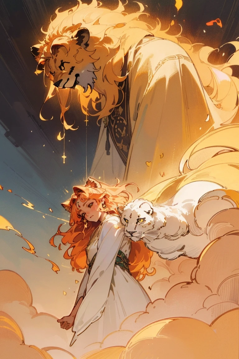 (best quality,4k,8k,highres,masterpiece:1.2),ultra-detailed,realistic,photorealistic:1.37,illustration,carta de tarô,strength,woman,dressed,stroking lion,outdoor,emotive,soft sunlight,vibrant colors,detailed facial expression,flowing robe,symbolic elements,enchanted scenery,mysterious aura,harmonious connection between woman and lion,surrealistic atmosphere,impressive background,spiritual connection,astonishing details,majestic mane,gentle touch,serene expression,immersive art style,ethereal lighting,divine connection
