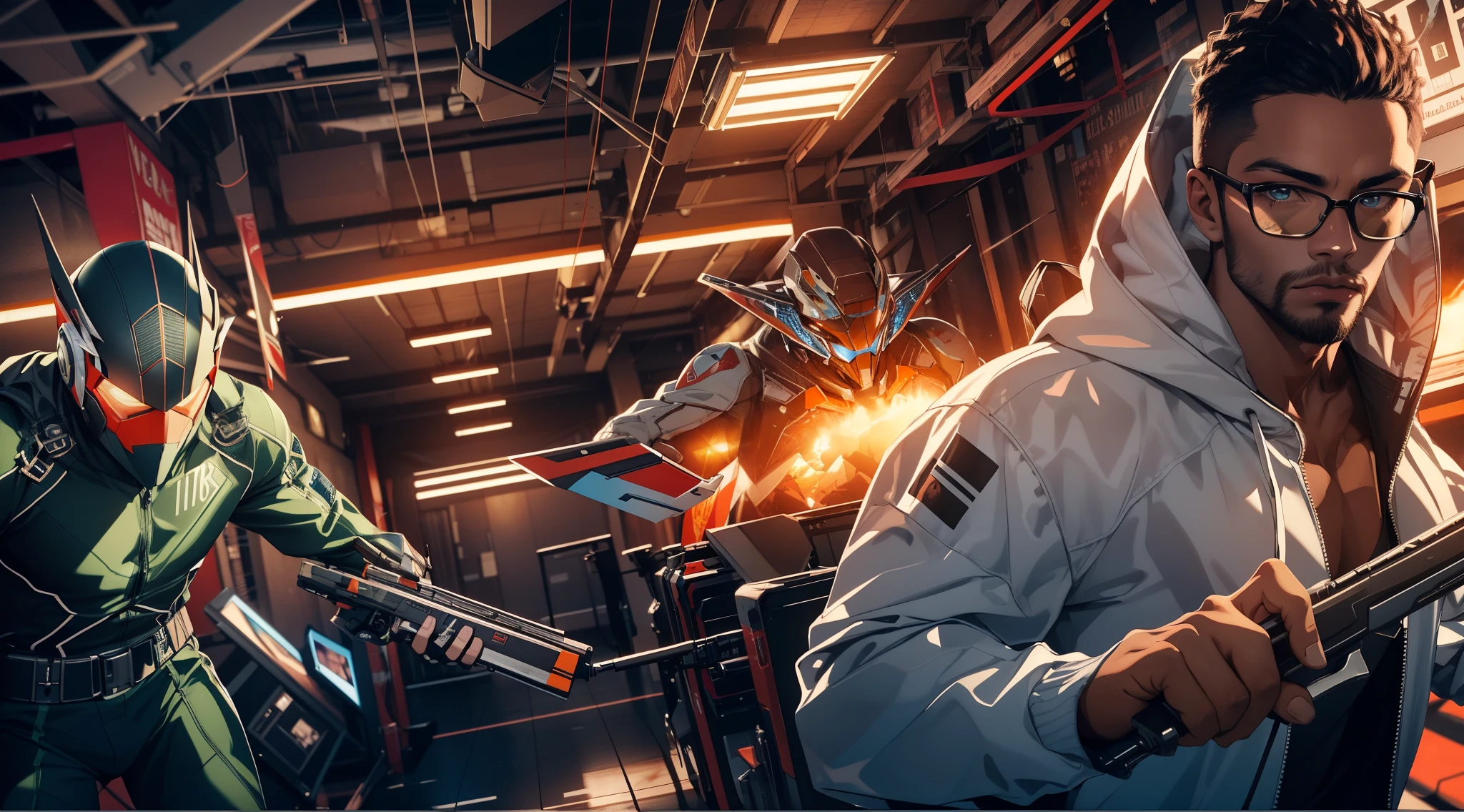 Capture the breathtaking moment as a superhero who metal on the top prepares to fight a young, dark-skinned man wearing glasses, dressed in a crisp white windbreaker hoodie. This RAW masterpiece showcases an ultra-high resolution, photorealistic full-body portrait, illuminated by the warm glow of sunlight. The scene is rendered in the captivating style of mecha sci-fi anime, boasting an impressive 8K resolution for the best quality imagery. Crafted with Unreal Engine 5, this piece features ultra-realistic 64K CG, skin texture at 1.4, and atmosphere. The details are further enhanced with 8K UHD quality, film grain, and the artistic touch of lomography. The result is a stunning blend of high-quality visuals, translucent effects, and photorealism that truly captivates the viewer.
