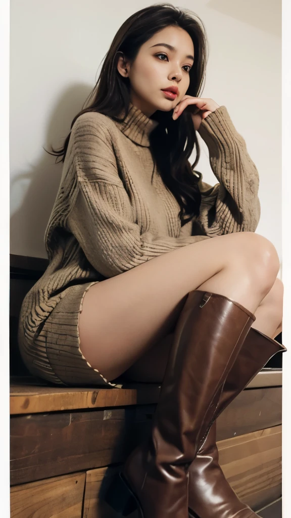 1
a close up of a person wearing boots and a sweater, wears brown boots, brown sweater, extra large size, moan, wearing an extra large size sweater, brown boots, wearing a camisole and boots, wearing boots, high boots, long legs, knee-high boots, profile photo, whole body! cute face, photo shoot, brown clothes, beautiful, wearing a sweater