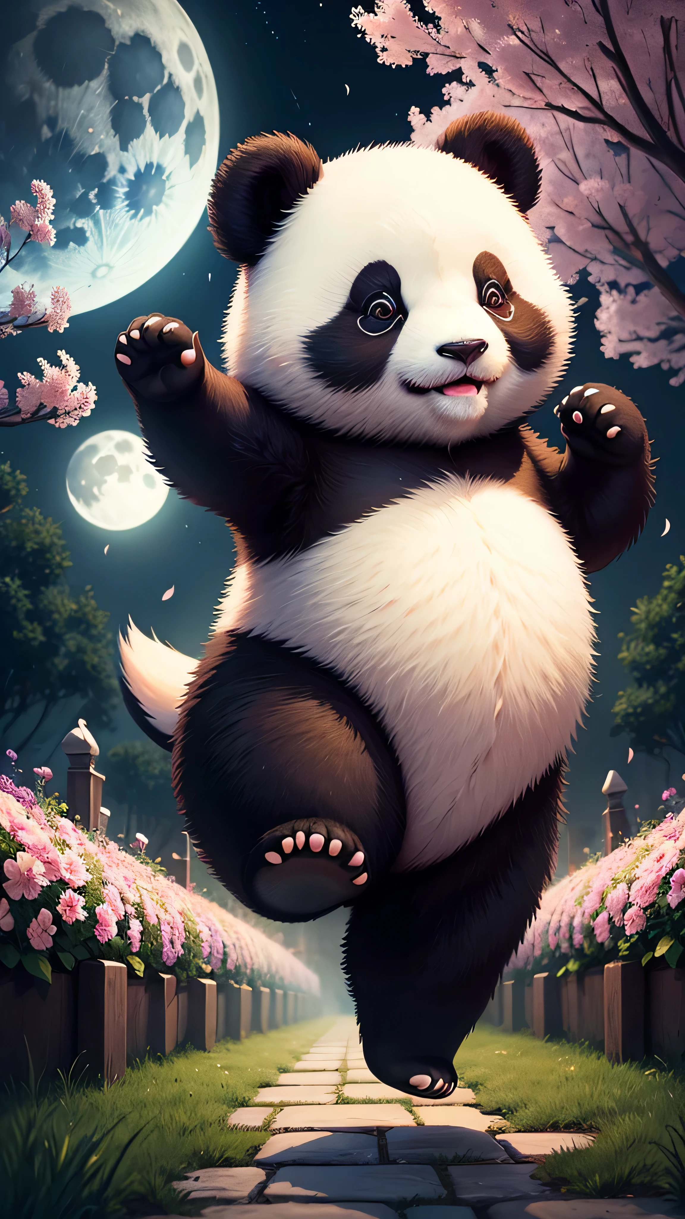 very cute panda in a skura flower garden, danser la nuit avec la lune