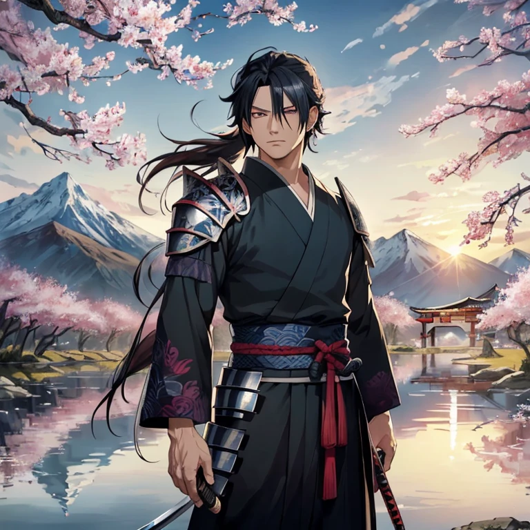 Ultra-realistic CG masterpiece, best quality, Sasuke Uchiha in ronin samurai attire. (Detailed face with piercing gaze and defined jawline), (sharp katana at his side), (worn armor with intricate patterns), (long, wavy raven hair tied back in a ponytail), (amidst a backdrop of cherry blossoms in full bloom), (sun setting behind mountains casting long, beautiful shadows), (a tranquil pond reflecting the changing colors of the sky), (Sasuke's serious expression adding depth to the painting), (the intricate details of his haori and obi),