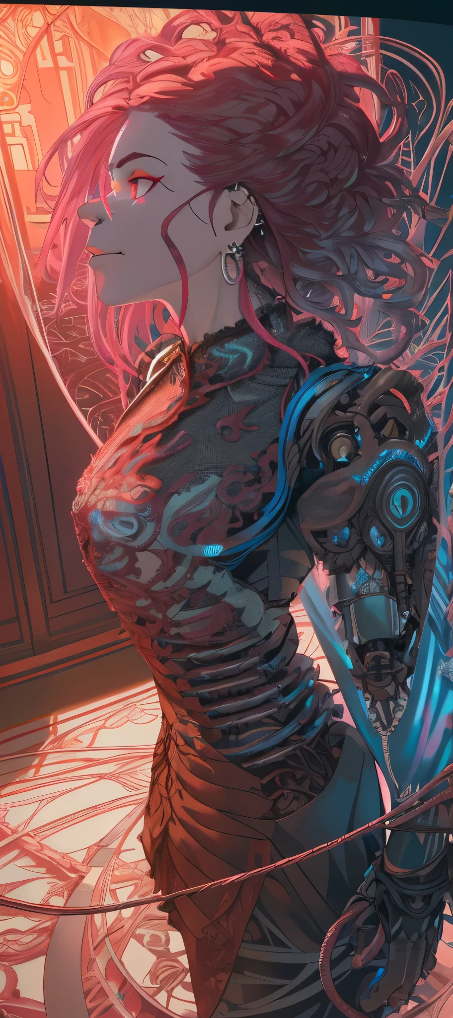 complex 3d render ultra detailed beautiful death angel, biomechanical cyborg, analog 150 mm lens, beautiful natural soft rim light, neon vein, roots, fine foliage lace, colorful details, Boris Bidjan Saberi outfit, pearl earrings, piercing, art nouveau fashion embroidered, intricate details, mesh wire, mandelbrot fractal, facial muscles, cable wires, microchip, badass, hyper realistic, ultra detailed, octane render,  volumetric lighting, 8k post-production, red and white with a bit of black, detailled metalic bones, semi human, iridescent colors, Glenn Brown style, futuristic room, power of the god, high-angle shot, complex body poses