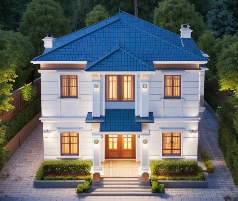 (Villa in city , houses and trees), slope_roof , tile_roof ,daylight ( best quality) ((high solution)) ,(( photo realistic)) ,warm light,  soft lighting, warm atmosphere,high Resolution, hyper detailed,4k ,vray render, octane render, hyper realistic, photography expert ,exterior design , professional photography, exterior photography,wide-angle shot , ultra detail , high Resolution , full frame, full body