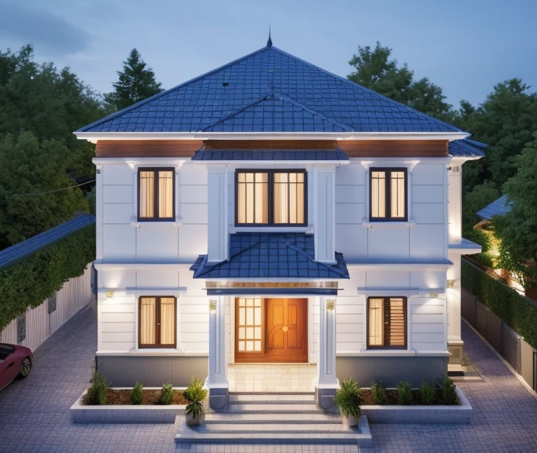 (Villa in city , houses and trees), slope_roof , tile_roof ,daylight ( best quality) ((high solution)) ,(( photo realistic)) ,warm light,  soft lighting, warm atmosphere,high Resolution, hyper detailed,4k ,vray render, octane render, hyper realistic, photography expert ,exterior design , professional photography, exterior photography,wide-angle shot , ultra detail , high Resolution , full frame, full body