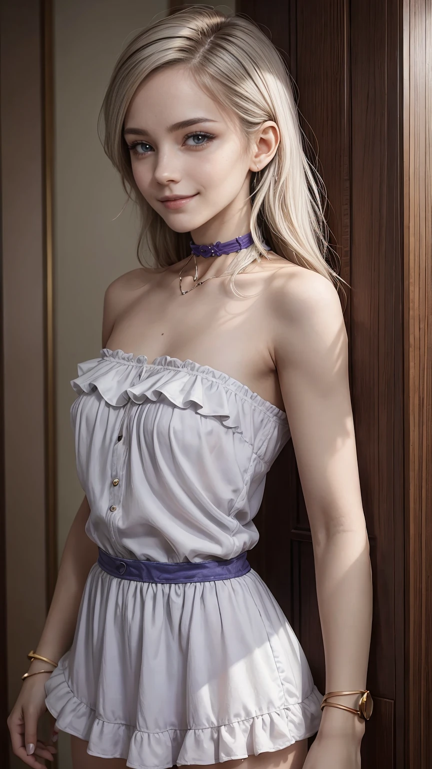 22 year old white female、Hair color is a gradation of brown and purple、eye color is blue、long hair、setting hair、accessories on wrist、I&#39;m wearing a choker、skin is smooth、smile、Slender but muscular body、My heart is pounding、high resolution、She is wearing a one-shoulder dress with frills.